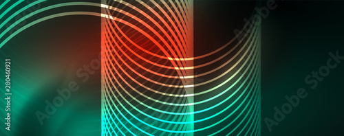 Shiny neon lines template - northern lights glowing blur lines. Futuristic style glow neon 80s disco club or night party techno template