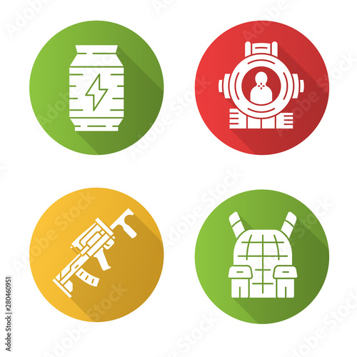Online game inventory flat design long shadow glyph icons set. Energy drink can, shooting aim, weapon, body armor. Shooter game equipment, items. Vector silhouette illustration