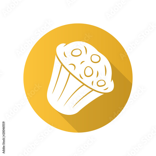 Muffin flat design long shadow glyph icon. Cupcake with chocolate chips, berries, topping. Sweet shop, confectionery, pastry, bakery menu. Celebration cupcake. Vector silhouette illustration
