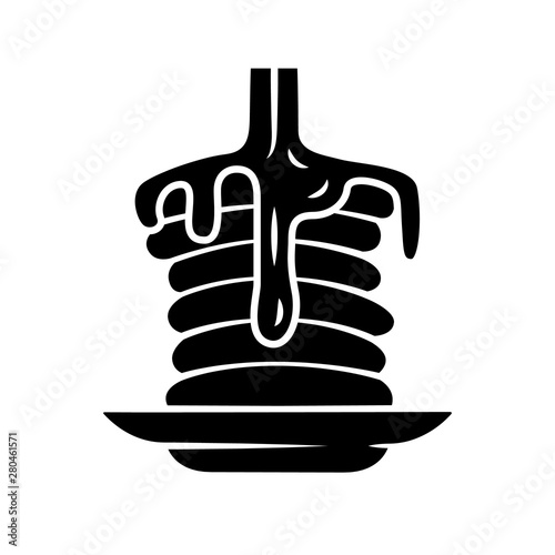 Pancakes with syrup glyph icon. Traditional american breakfast. Homemade dessert. Sweet pancake stack with honey. Restaurant, cafe menu. Silhouette symbol. Negative space. Vector isolated illustration
