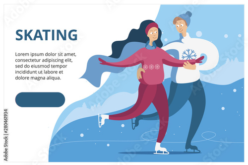 Template landing page with figure skating. Couple skating. Winter landscape.