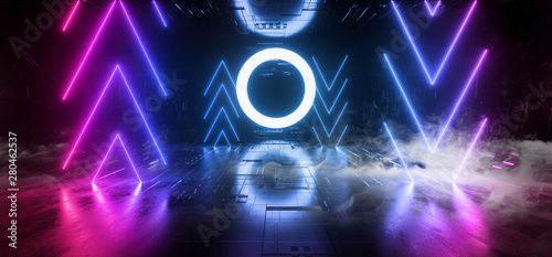 Smoke Sci Fi Modern Futuristic Neon Lights Purple Blue Glow Concrete Columns Circle Shape Technology Schematic Chip Texture Reflective Dark Tunnel Room Alien Spaceship Night Vibrant 3D Rendering