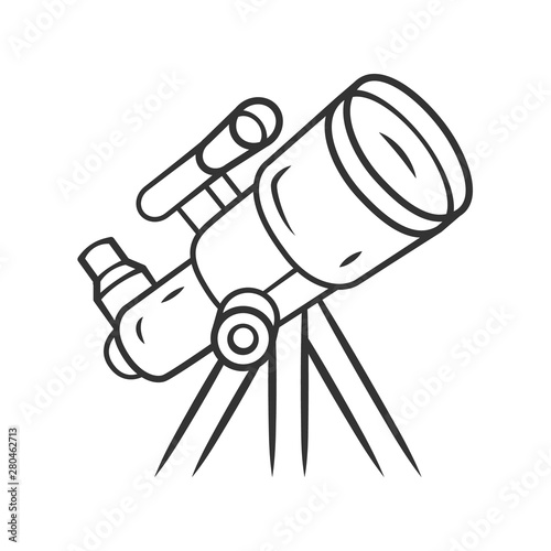 Telescope linear icon. Moon, planets exploration. Spyglass on tripod. Astronomy, astrophysics, astrology. Thin line illustration. Contour symbol. Vector isolated outline drawing. Editable stroke
