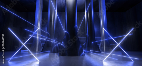 Neon Lgihts Blue Magical Chaotic Retro Modern Column Grunge Concrete Hall Room Studio Stage Futuristic Sci Fi Stone Dark Empty Reflective Lasers 3D Rendering photo