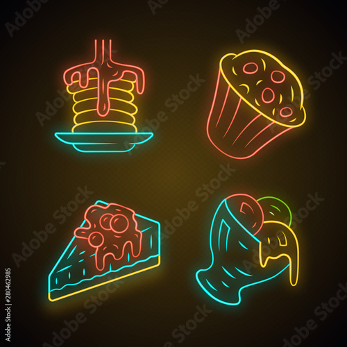 Desserts neon light icons set. ancakes, muffin, cheesecake, ice cream. Bakery shop, confectionery menu. Plombir, cupcake. Sweet food, confections dishes. Glowing signs. Vector isolated illustrations
