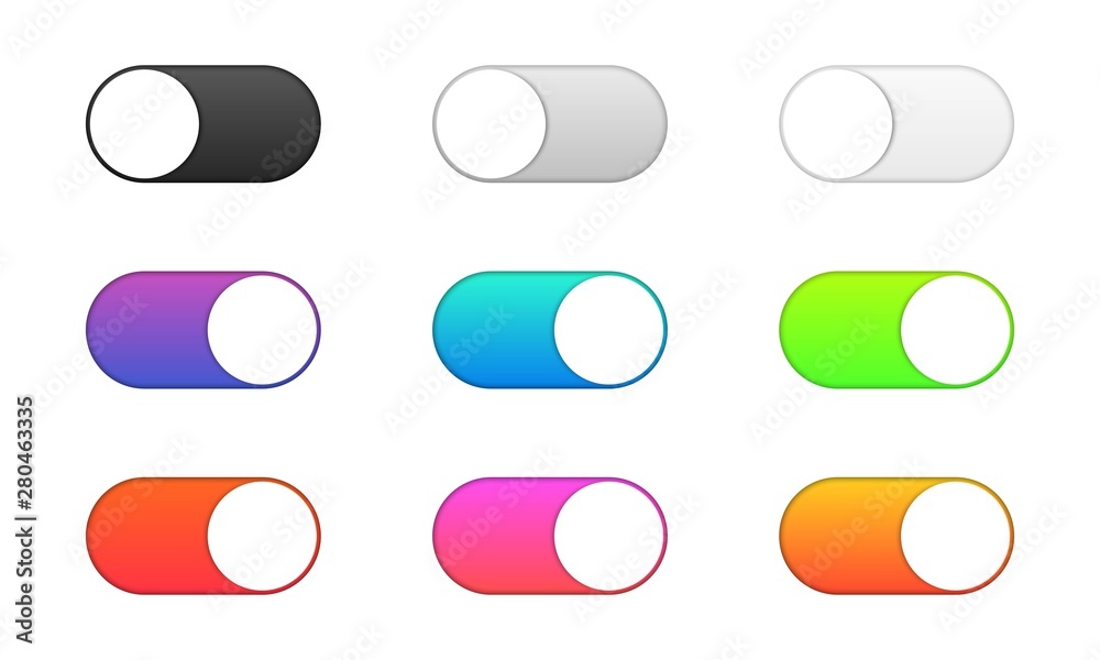 Set of realistic toggle switch buttons. On and off. Black, gray, white and colored switch interface button. Template design for concepts, web, interfaces, mobile applications. Set of realistic toggle switch buttons. On and off. Black, gray, white and colored switch interface button. Template design for concepts, web, interfaces, mobile applications.