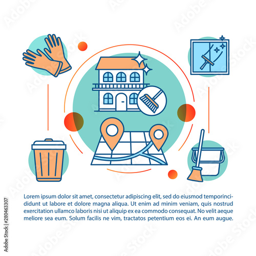 Moving and out cleaning article page vector template. Services for home brochure, magazine, booklet design element with linear icons and text boxes. Print design. Concept illustrations with text space