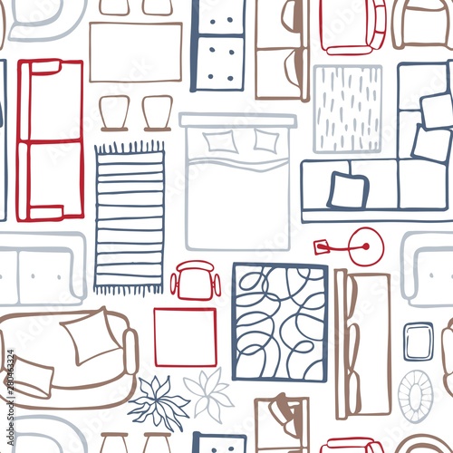Top view furniture, lamps and plants for the home. Vector  seamless pattern