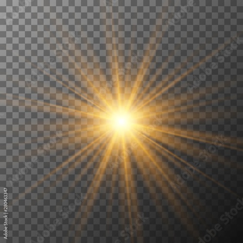 Realistic starburst lighting. Yellow sun rays and glow on transparent background. Glowing light burst explosion. Flare effect decoration with ray sparkles.