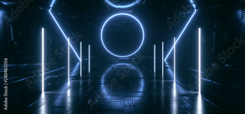 Sci Fi Modern Futuristic Neon Lights Blue Glow Concrete Columns Circle Shape Technology Schematic Chip Texture Reflective Dark Tunnel Room Corridor Alien Spaceship Night Vibrant 3D Rendering