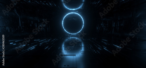 Fototapeta Naklejka Na Ścianę i Meble -  Sci Fi Modern Futuristic Neon Lights Blue Glow Circle Shape Technology Schematic Chip Texture Reflective Dark Tunnel Room Corridor Alien Spaceship Night Vibrant 3D Rendering