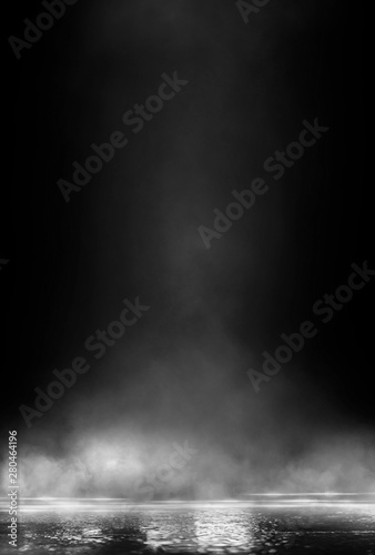 Leinwand Poster Wet asphalt, reflection of neon lights, a searchlight, smoke