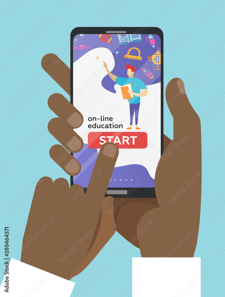 Vector online education concept in flat style - two hands holding mobile phone with educational app in the screen - distant e-learning. Finger pushes start button. Landing with guy and school supplies