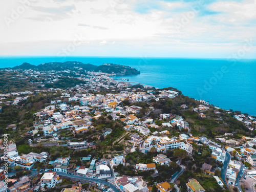 buildings in the mountains at ischia island from the drone view