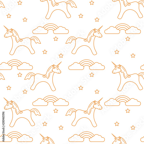 Pattern with magic unicorn, stars, clouds, rainbow