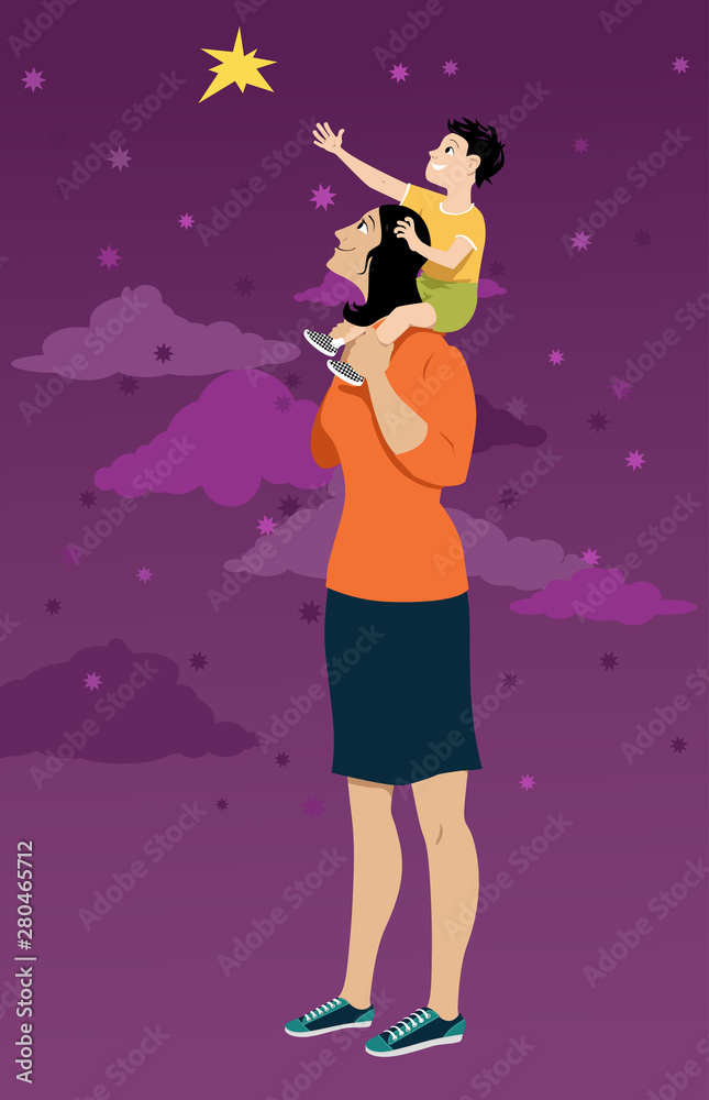 Woman helping her son sitting on her shoulders to reach for a star, EPS 8 vector illustration