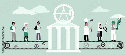 Vocational school turning young adults into trade professionals, EPS 8 vector illustration