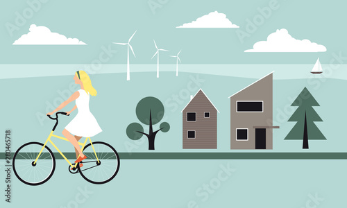 Young blond woman riding a bicycle across a modern Scandinavian landscape, illustrating a lifestyle concept of lagom, EPS 8 vector illustration