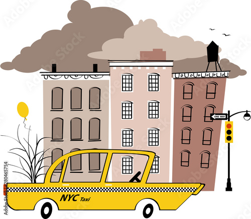 Yellow taxi cab in the typical New York street, EPS 8 vintage inspired vector illustration