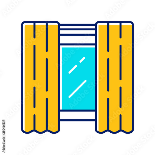 Window panel pair color icon. Home decorating drapery fabric. Blackout liner. Room darkening. Kitchen monochrome shades on cornice. Grommet curtains. Isolated vector illustration