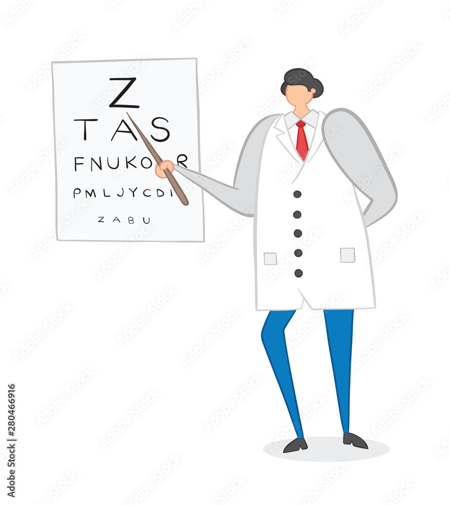 Ophthalmologist showing letters on eye chart, hand-drawn vector illustration. Ophthalmologist showing letters on eye chart, hand-drawn vector illustration.