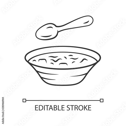 Soup linear icon. Bowl, spoon, kitchenware. Hot steaming soup plate. First meal. Healthy diet. Nutritious meal. Thin line illustration. Contour symbol. Vector isolated outline drawing. Editable stroke