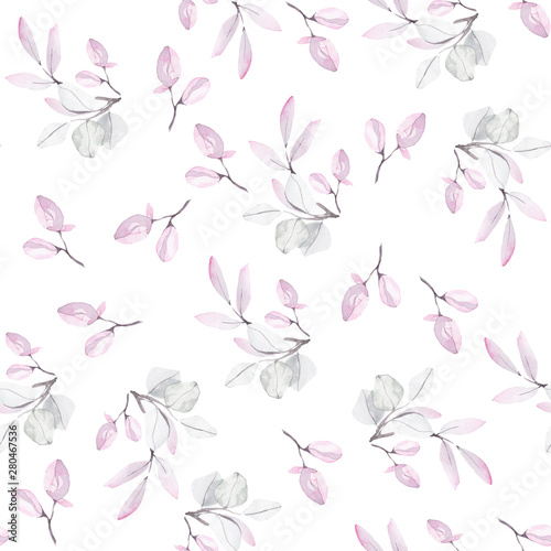 Tender watercolor pattern of small buds and pastel leaves. This seamless texture perfect for textile, wedding invitations, products for girl-kids, scrapbooking and paper wrapping