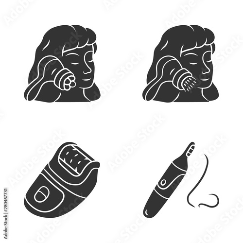 Beauty devices glyph icons set. Face massager, cleaning brush, epilator and nose hair trimmer. Cosmetology instruments. Skin care. Beauty tools. Silhouette symbols. Vector isolated illustration