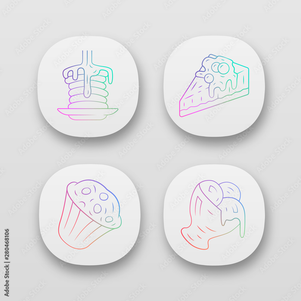 Desserts app icons set. Pancakes, muffin, cheesecake, ice cream. Confectionery menu. Plombir, cupcake. Sweet food. UI/UX user interface. Web or mobile applications. Vector isolated illustrations Desserts app icons set. Pancakes, muffin, cheesecake, ice cream. Confectionery menu. Plombir, cupcake. Sweet food. UI/UX user interface. Web or mobile applications. Vector isolated illustrations