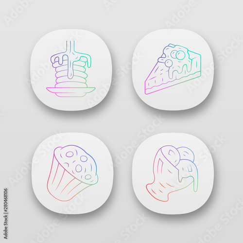 Desserts app icons set. Pancakes, muffin, cheesecake, ice cream. Confectionery menu. Plombir, cupcake. Sweet food. UI/UX user interface. Web or mobile applications. Vector isolated illustrations
