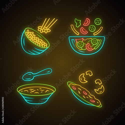 Organic food neon light icons set. Rice, vegetables, eggs. Salad, soup, omelett. Healthy nutrition. Dinner, supper restaurant menu. First, second course. Glowing signs. Vector isolated illustrations