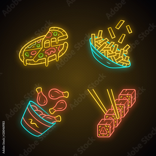 Fast food neon light icons set. Pizza, french fries, chicken drumsticks, sushi. Italian, american and asian cuisine. Fat dishes. Restaurant, cafe menu. Glowing signs. Vector isolated illustrations