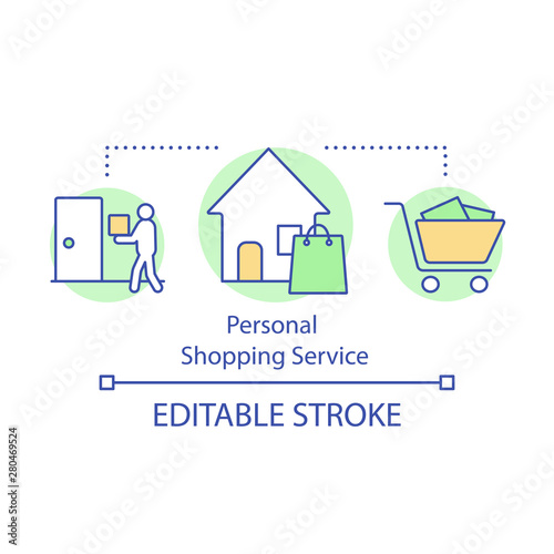 Personal shopping service concept icon. Running errands for client. Purchase assistance. Door-to-door gifts delivery idea thin line illustration. Vector isolated outline drawing. Editable stroke