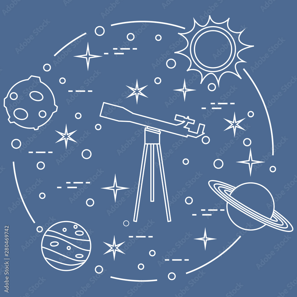 Science: telescope, sun, moon, planets, stars.