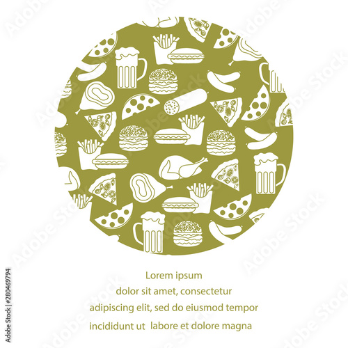 Beer, different types of food and fast food.