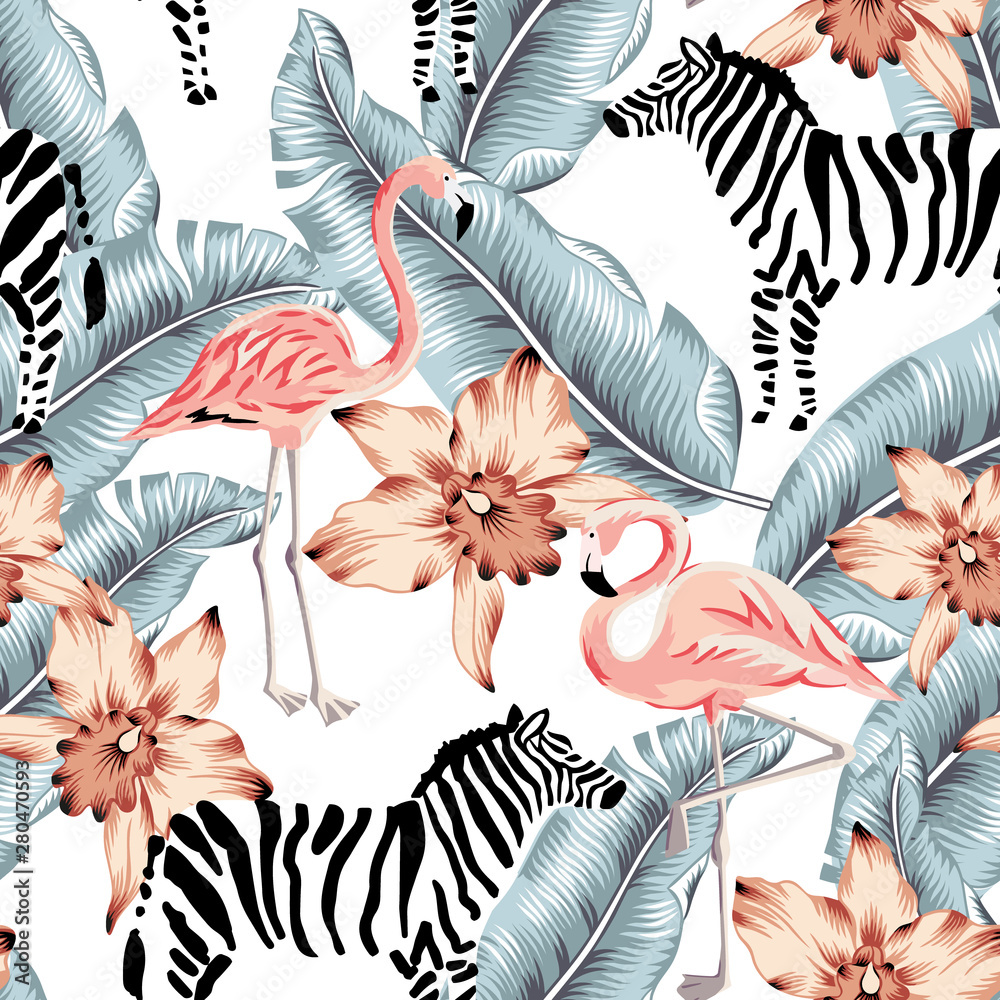 Tropical pink flamingo, zebra, orchid flowers, banana palm leaves, white background. Vector seamless pattern. Jungle illustration. Exotic plants, bird, animal. Summer floral design. Paradise nature - obrazy, fototapety, plakaty 