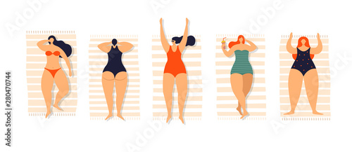Sunbathing young beautiful women in bathing suits lie on towels. Plump girls on beach or at the seaside relax and spend their leisure time in fresh air. Vector illustration in trendy flat style.