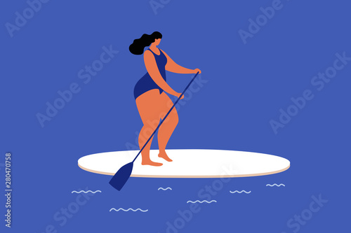 Cute plump girl sapports surfing on the waves. Rest in the summer at sea. Fashionable types of water activities. Vector illustration in flat style on blue isolated background.