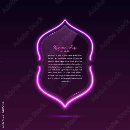 Glass banner arabic style. Transparent billboard with neon lights. Vector illustration.