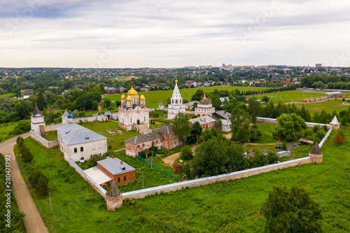 Aerial drone view of Nativity of the Theotokos and St.Therapont Luzhetsky Monastery, Mozhaysk