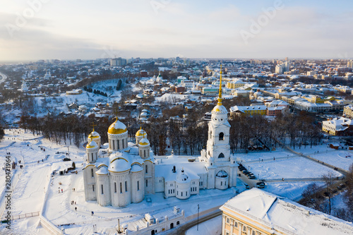 Aerial drone view of Assumption church in Vladimir town, Russia