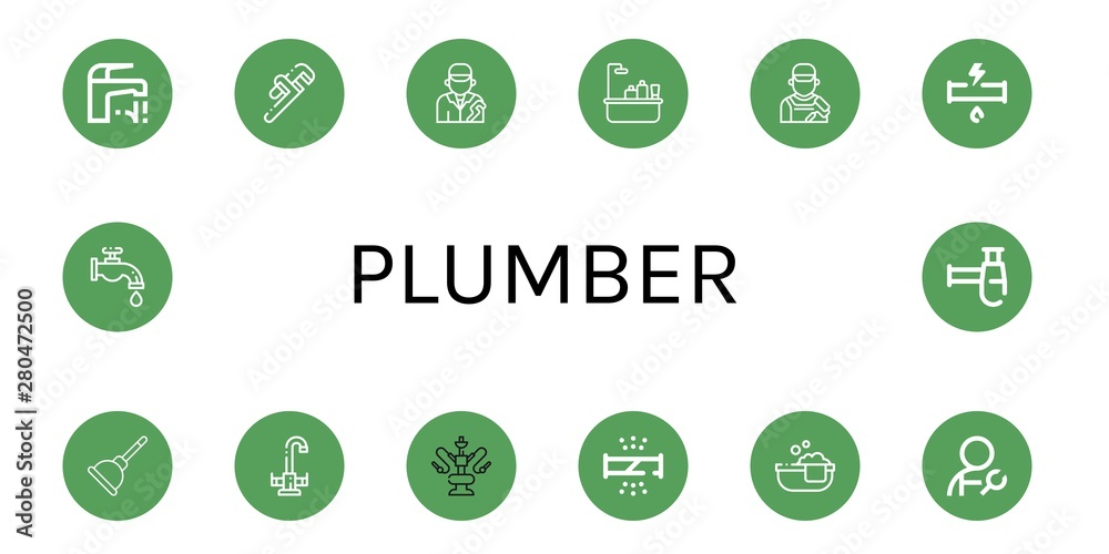 Set of plumber icons such as Faucet, Pipe wrench, Plumber, Bathtub, Painter, Broken pipe, Plunger, Water pipe, Bathtube, Siphon , plumber Set of plumber icons such as Faucet, Pipe wrench, Plumber, Bathtub, Painter, Broken pipe, Plunger, Water pipe, Bathtube, Siphon , plumber