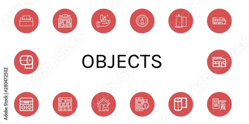 Set of objects icons such as Tissue, Bookstore, Proposal, Pen, Paper towel, Train, Radio, House, Money bag, Train station, Toilet paper , objects