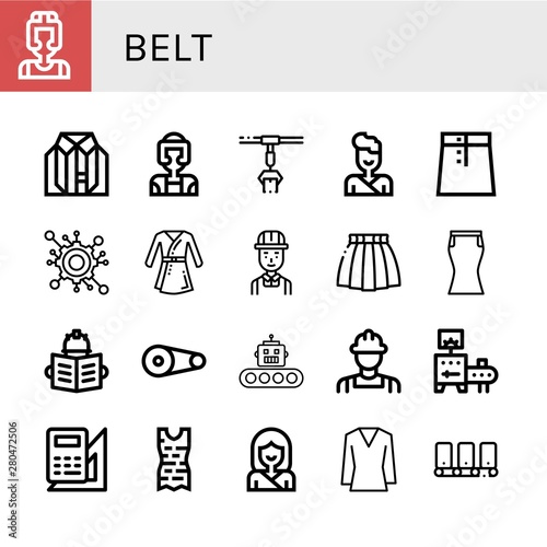 Set of belt icons such as Boxer, Clothes, Taekwondo, Conveyor, Judo, Skirt, Engineering, Bathrobe, Engineer, Pulley, Production, Karate, Blouse , belt