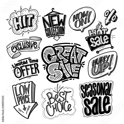 Hand drawn sale signs and prints set - great sale, hit, limited time offer, low price, best choice, seasonal sale, exclusive, new collection, hot sale, hurry up