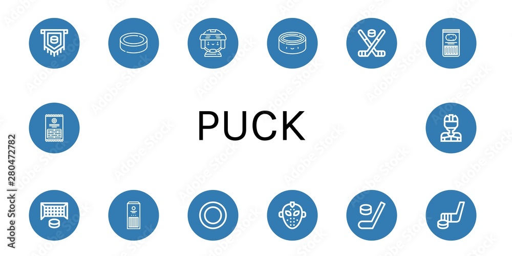 Set of puck icons such as Puck, Hockey player, Hockey stick, Sticks, Hockey goal, mask, , puck