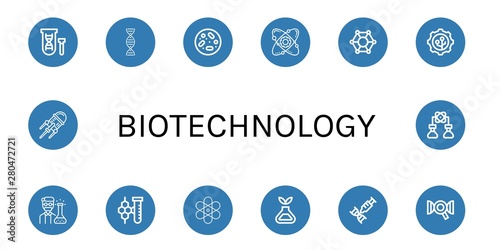 Set of biotechnology icons such as Genetical, Dna, Petri dish, Atom, Molecular, Nanotechnology, Chemist, Chemistry, Science, Bioengineering , biotechnology