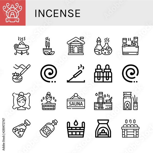 Set of incense icons such as Incense burner, Incense, Sauna, Essential oil, Mosquito coil, Essential oils, Spa, Aromatherapy ,