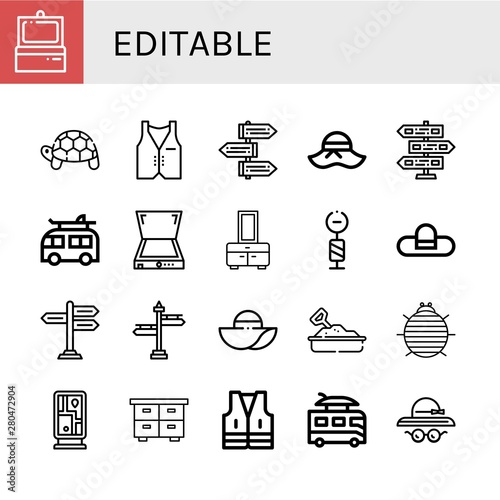 Set of editable icons such as Scanner, Turtle, Vest, Signpost, Pamela, Camper, Chest, Pamela hat, Sandbox, Woodlouse, Guidepost , editable
