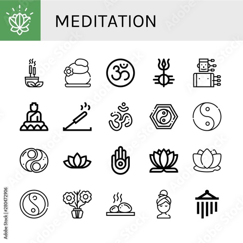 Set of meditation icons such as Lotus, Incense, Lithotherapy, Om, Shiva, Acupuncture, Buddha, Yin yang, Ying yang, Lotus flower, Jainism, Aromatic, Relax, Wind chimes , meditation